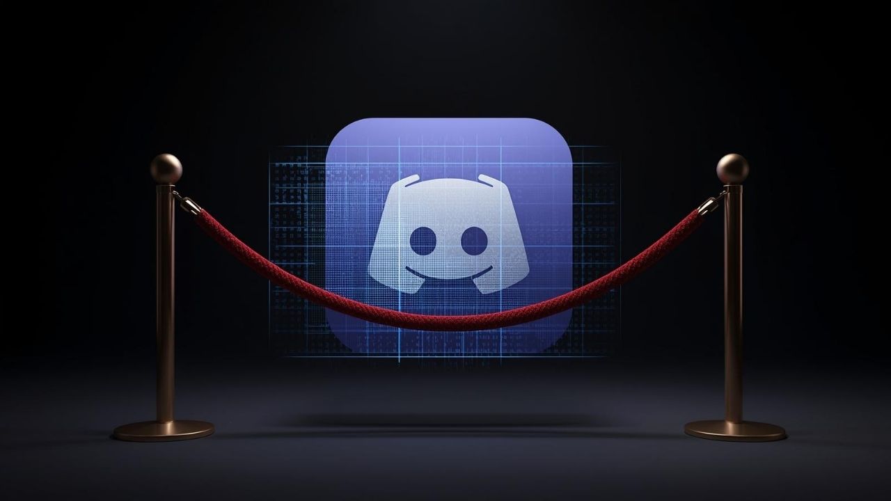 Um logo 3D do Discord sendo escaneado por dados, mas bloqueado por uma corda vermelha que simboliza a "linha vermelha" da privacidade.