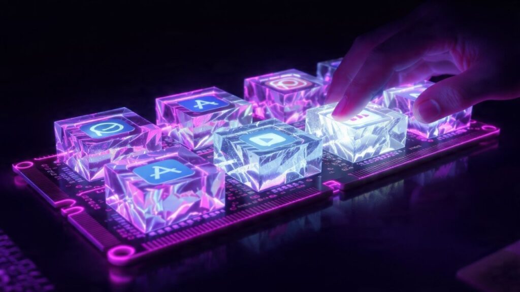 Representação surreal de aplicativos "congelados" em blocos de gelo sobre uma placa de memória RAM, ilustrando como o sistema gerencia apps em segundo plano.