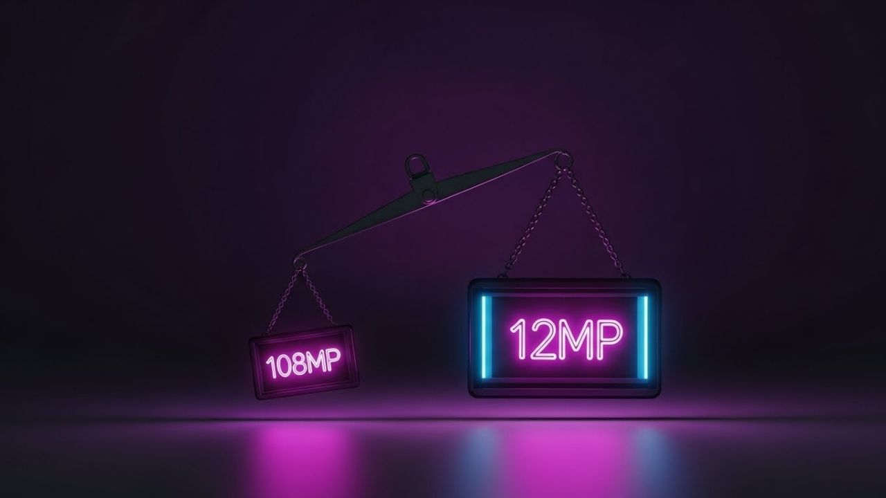 Arte surreal de uma balança onde um sensor grande de 12MP pesa mais que um sensor pequeno de 108MP, mostrando que qualidade supera quantidade.