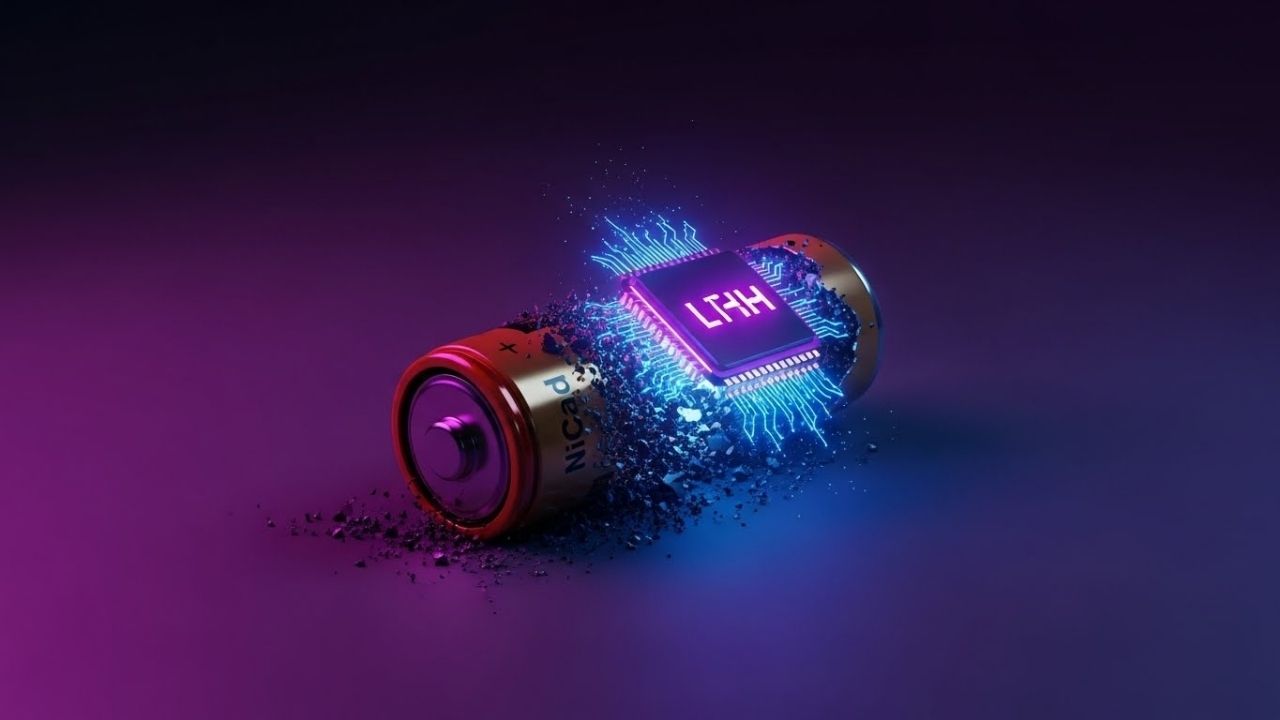 Arte surrealista mostrando uma bateria antiga de NiCad se desfazendo enquanto um chip de lítio moderno e brilhante emerge dela, simbolizando o fim do mito do vício.
