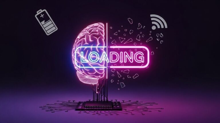 Arte surrealista de um cérebro humano conectado a circuitos com ícones de mitos tecnológicos se quebrando ao fundo.