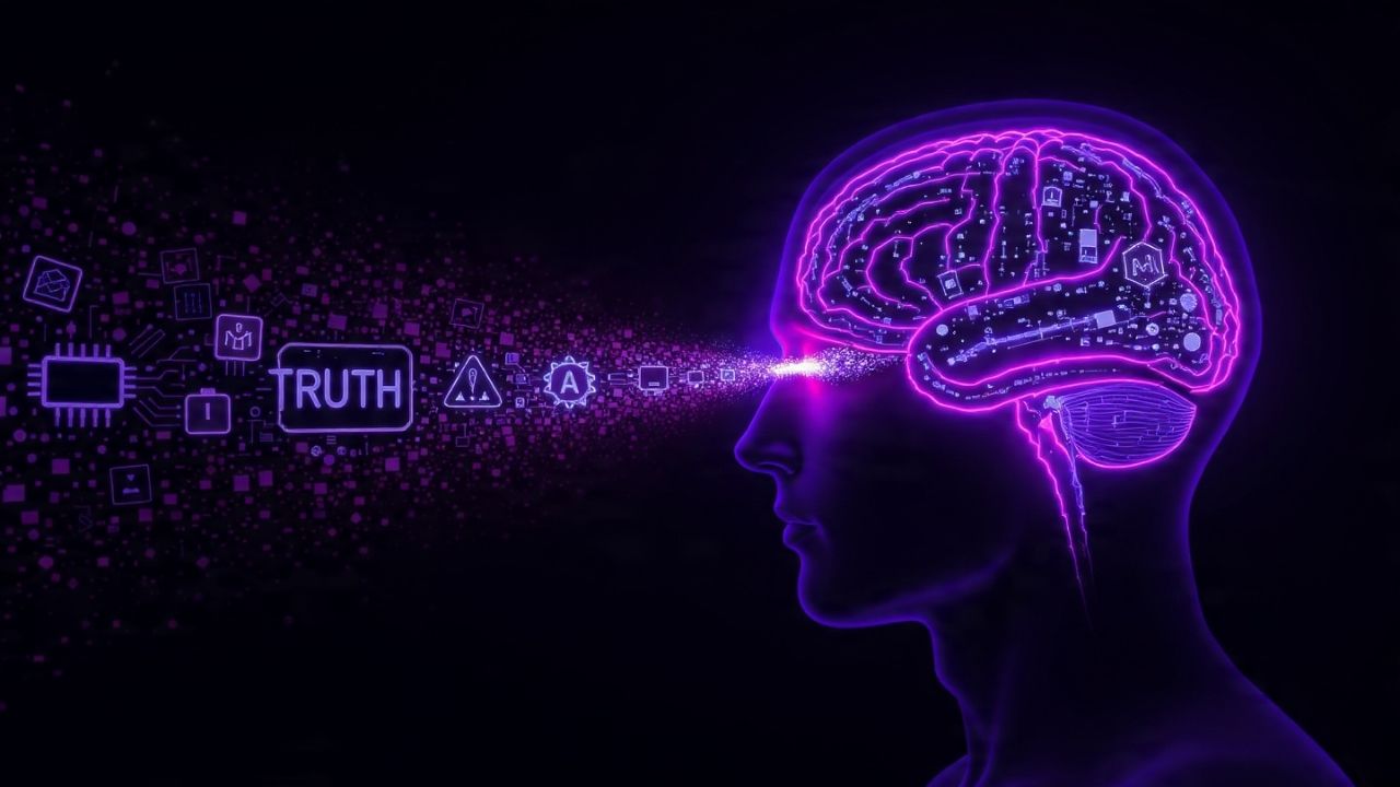 Cérebro humano agindo como um filtro surreal, bloqueando ícones de mitos tecnológicos e deixando passar apenas os ícones da verdade científica.
