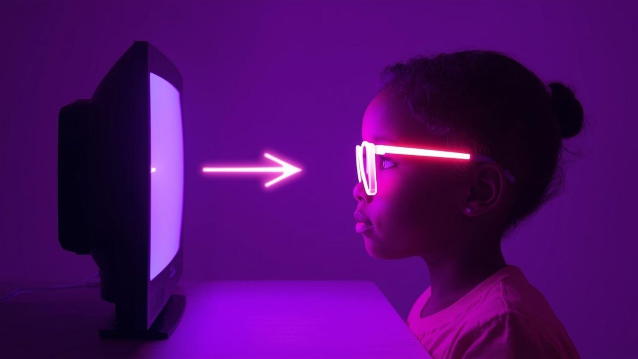 Criança com óculos grossos sentada perto da TV, com uma seta indicando que a má visão é a causa da proximidade.