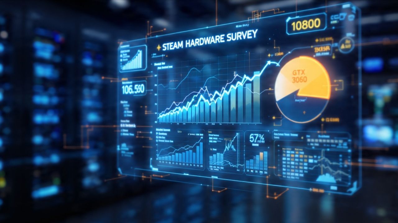 Visualização holográfica futurista de dados da Steam Hardware Survey destacando placas de vídeo intermediárias.