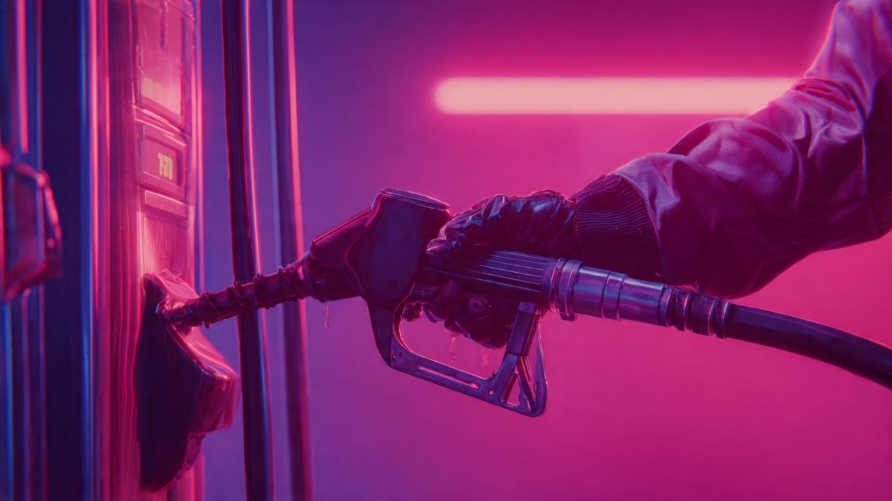 Cena em posto de gasolina mostrando uma faísca de eletricidade estática saindo do dedo de uma pessoa, enquanto o celular está apenas com a tela acesa.