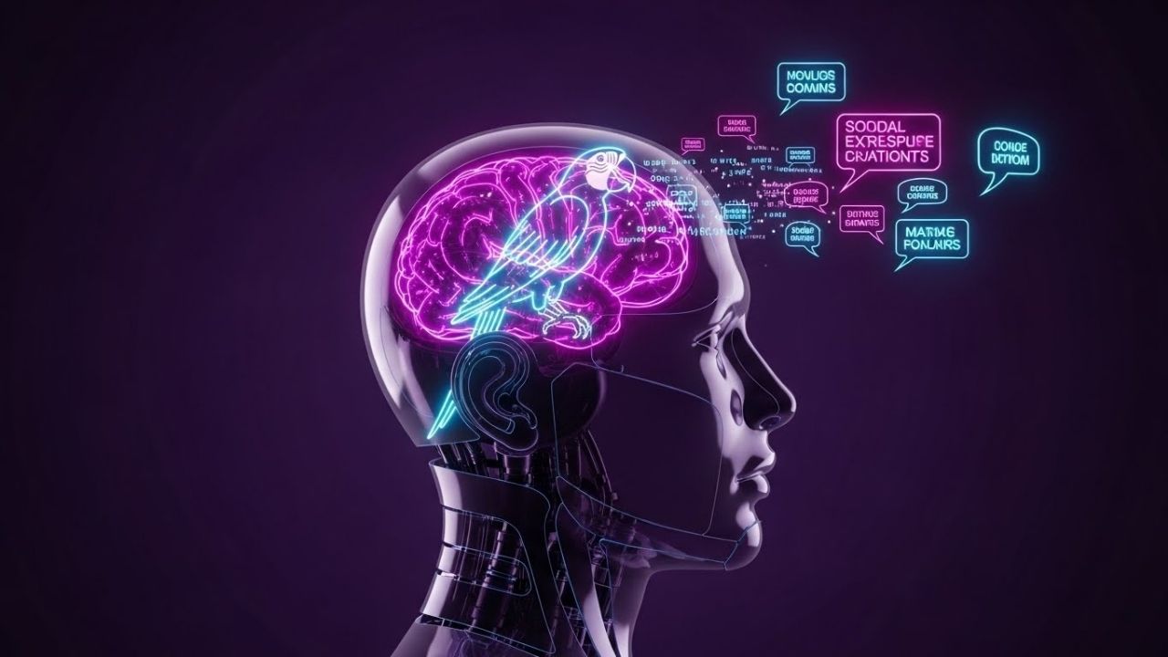 Cabeça robótica transparente contendo um papagaio mecânico que repete dados, ilustrando que a IA é um imitador de padrões, não uma consciência.