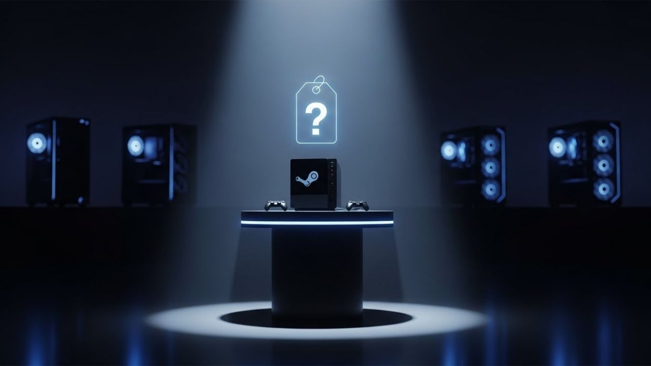 Nova Steam Machine em um pódio de revelação futurista com um holograma de preço e PCs ao fundo.
