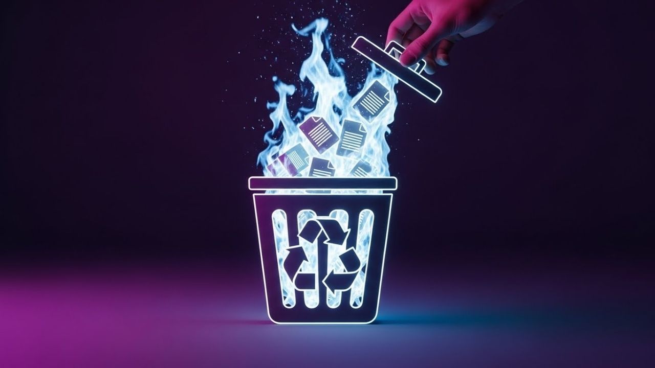 Ícone de lixeira de computador incinerando dados instantaneamente com fogo digital ao ser esvaziada, representando o comando TRIM em SSDs.
