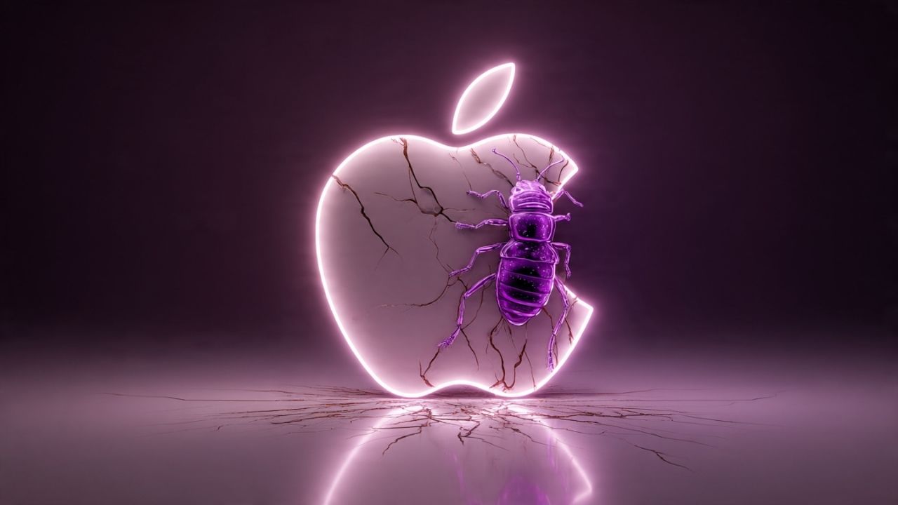 Logotipo da Apple sendo infiltrado por um inseto digital de malware, quebrando o mito da imunidade do macOS a vírus.