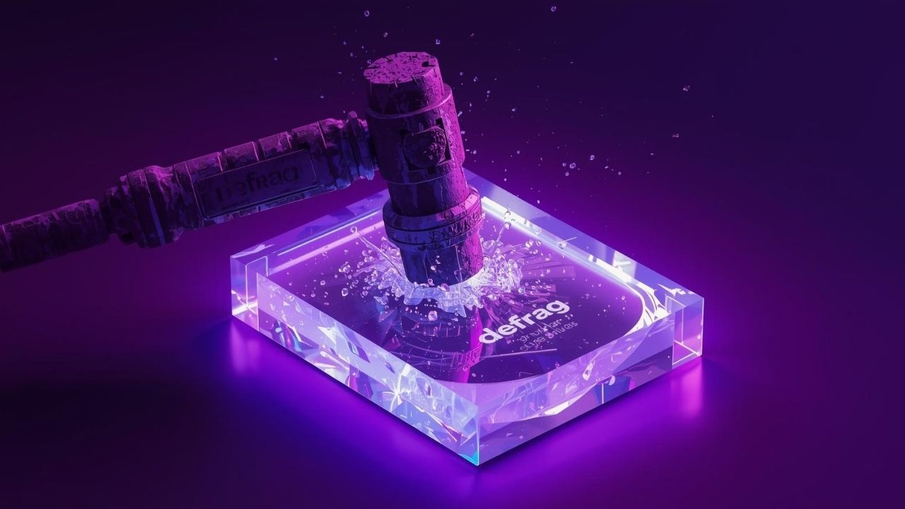 Martelo antigo de desfragmentação batendo inutilmente em um SSD de cristal, mostrando que o processo é inútil e não afeta unidades modernas.