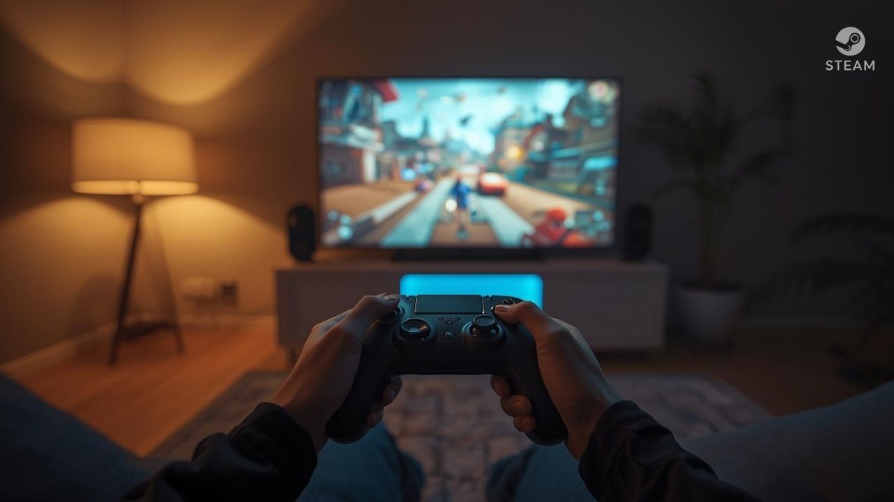 Visão em primeira pessoa de um gamer segurando um controle em uma sala de estar moderna iluminada pela TV e console.