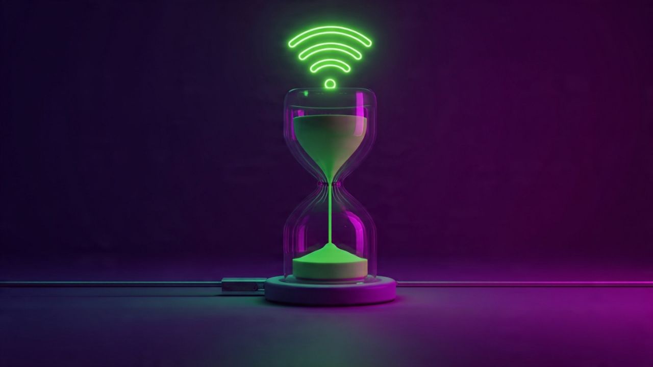 Ícone de Wi-Fi com sinal cheio conectado a uma ampulheta lenta, ilustrando que força de sinal não significa velocidade de internet.