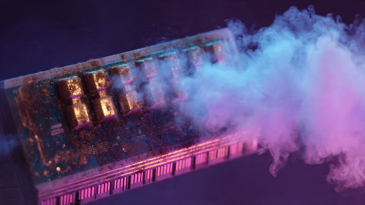 Cartucho de videogame antigo sendo soprado, com a umidade do sopro causando corrosão e danos visíveis aos contatos em estilo surreal.