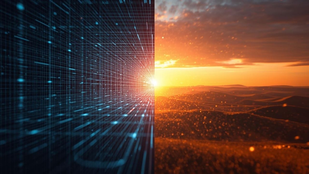 Representação visual da tecnologia FSR transformando uma imagem de baixa resolução em uma paisagem 4K hiper-realista.