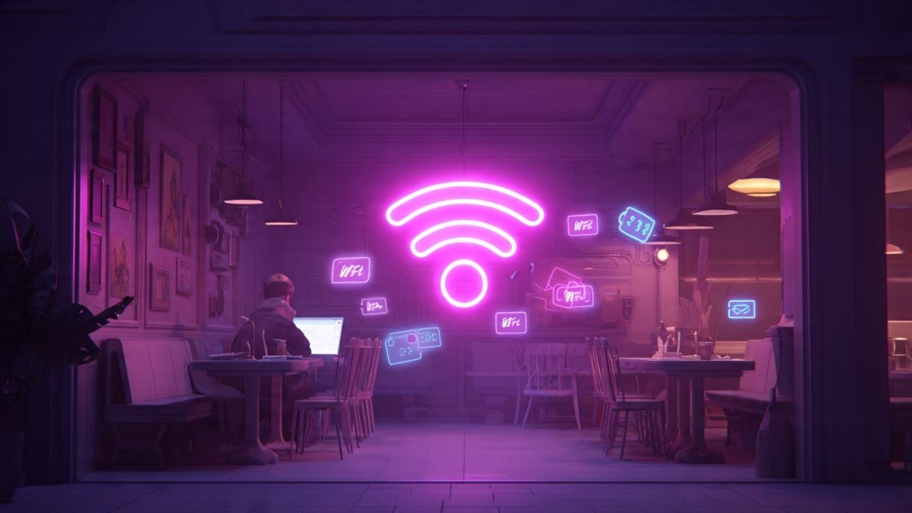 Ícone de Wi-Fi público aberto com dados sensíveis vazando como fumaça para um hacker, ilustrando a insegurança de redes abertas.