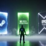 Ilustração futurista de um jogador de PC e jogos diante de três portais brilhantes nas cores azul, verde e preto, representando a escolha entre Steam, Game Pass e Epic Games.