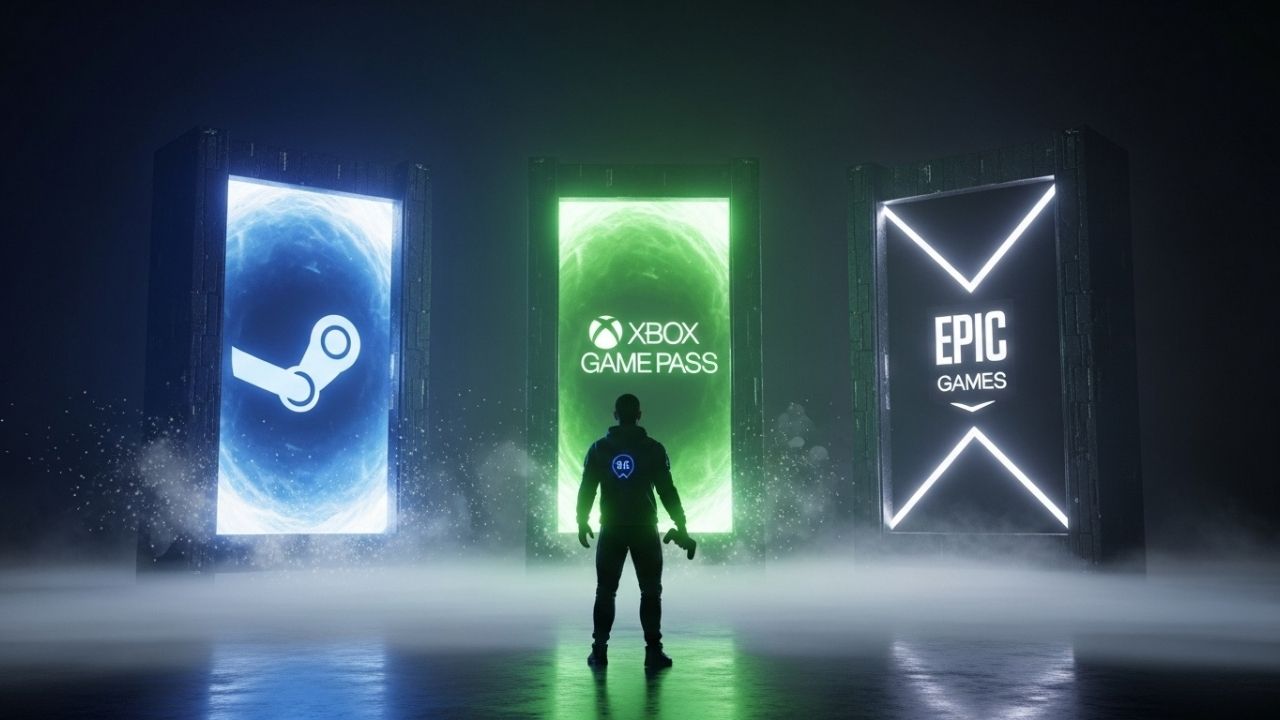 Ilustração futurista de um jogador de PC e jogos diante de três portais brilhantes nas cores azul, verde e preto, representando a escolha entre Steam, Game Pass e Epic Games.