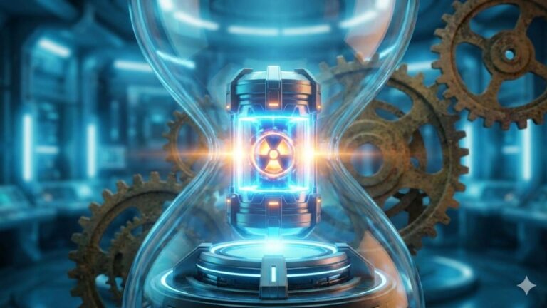 🔋 Japão Cria BATERIA De Urânio Recarregável Ilustração 3D de uma bateria futurista brilhante com o símbolo de radiação no centro, encapsulada dentro de uma grande ampulheta de vidro. O núcleo da bateria emite uma forte luz azul e laranja. Ao fundo, em desfoque, há grandes engrenagens metálicas enferrujadas em um ambiente com aspecto de laboratório sci-fi, representando visualmente a energia extrema e a passagem do tempo (durabilidade de milênios).