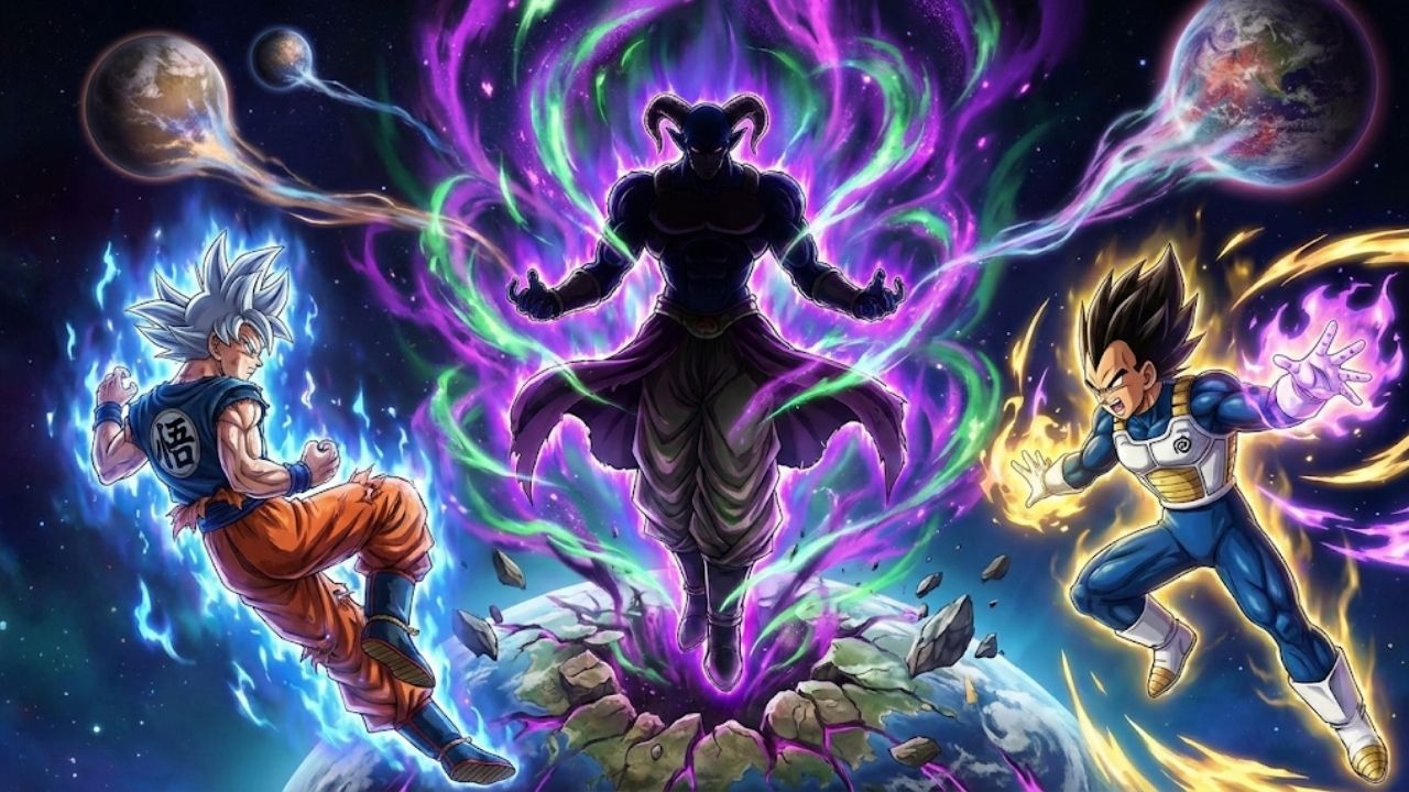 Ilustração vibrante de Dragon Ball Super mostrando o vilão Moro no centro, um ser humanoide com chifres e capa, emanando uma poderosa energia roxa e verde enquanto drena planetas ao fundo. À esquerda, Goku está em sua forma de Instinto Superior, com aura azul prateada, e à direita, Vegeta aparece em sua nova armadura da Patrulha Galáctica, envolto em energia dourada e roxa, ambos prontos para o combate. O cenário é o espaço sideral com um planeta sendo destruído aos pés de Moro.