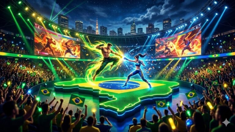 🇧🇷 EVO 2027: O Brasil É A Nova Sede Do MUNDIAL De Luta Ilustração de uma gigantesca arena de eSports lotada de fãs vibrando e segurando bandeiras do Brasil. No centro, há um palco luminoso no formato do mapa do Brasil, onde duas projeções de personagens de jogos de luta estão se enfrentando em um combate épico com efeitos de luz. Ao fundo, grandes telões exibem a partida em andamento.