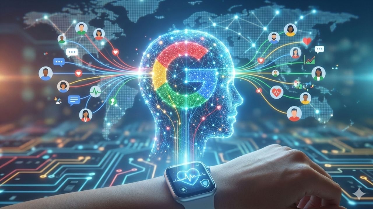 Ilustração futurista representando a Inteligência Artificial do Google na saúde: uma silhueta de cabeça digital com o logo "G" conecta-se a ícones de diversos pacientes, simbolizando a troca de experiências, enquanto um pulso em primeiro plano exibe um smartwatch monitorando sinais vitais cardíacos.