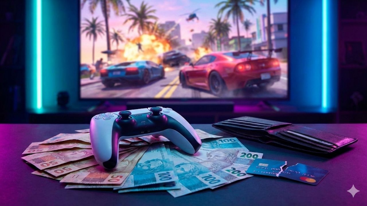 Foto em close de um controle de PlayStation 5 branco repousando sobre uma pilha de notas de Real brasileiro (cédulas de R$ 200, R$ 100 e R$ 50), ao lado de uma carteira de couro preta e um cartão de crédito quebrado. No fundo desfocado, uma tela de TV grande exibe uma cena de ação vibrante de jogo eletrônico, similar a Grand Theft Auto, com carros esportivos e explosões sob iluminação neon azul e roxa, simbolizando o alto custo dos lançamentos de games.