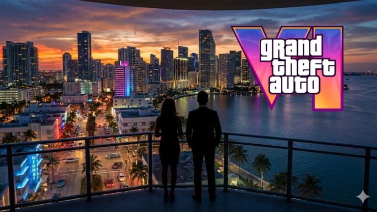 Silhuetas de um homem e uma mulher em uma varanda de prédio alto, admirando o horizonte de uma cidade costeira iluminada por luzes de neon durante o pôr do sol.