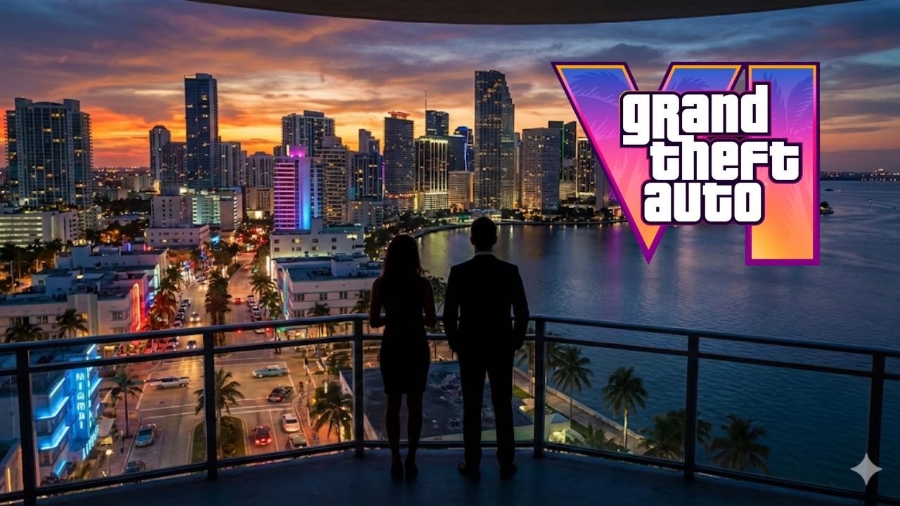 Silhuetas de um homem e uma mulher em uma varanda de prédio alto, admirando o horizonte de uma cidade costeira iluminada por luzes de neon durante o pôr do sol.