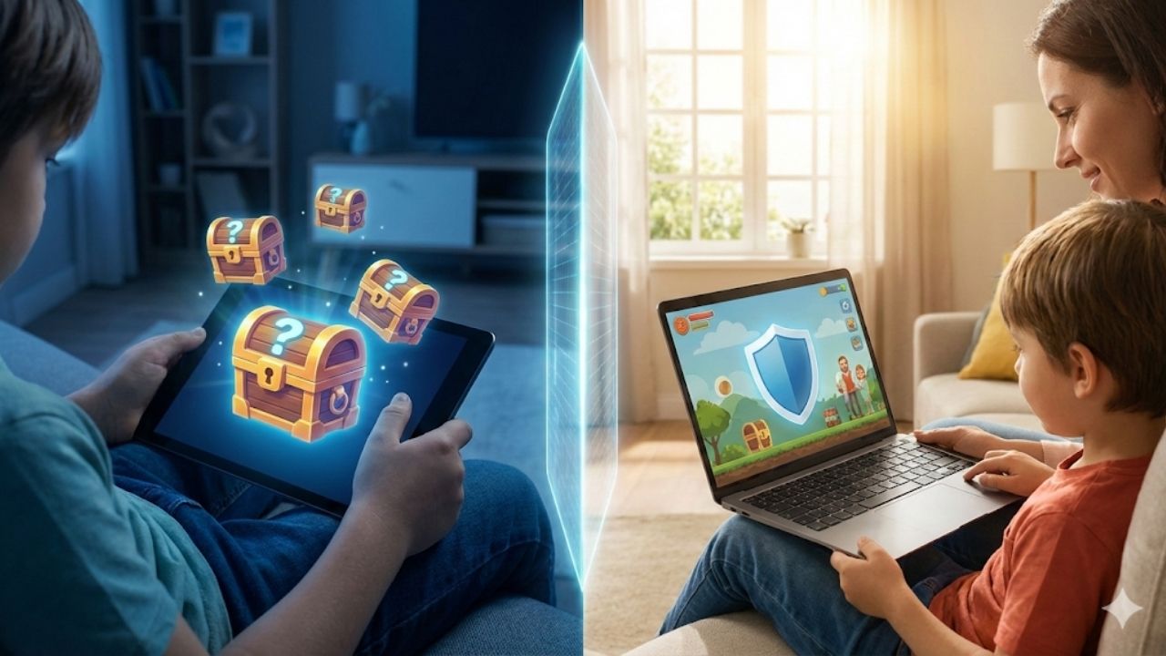 Ilustração dividida ao meio representando o impacto da Lei 15.211 nos jogos. À esquerda, em um ambiente mais escuro, uma criança segura um tablet de onde emergem "loot boxes" (caixas de recompensa) flutuantes e brilhantes. À direita, em um ambiente doméstico iluminado, uma mãe acompanha o filho usando um notebook que exibe um escudo azul na tela, simbolizando a nova proteção digital e segurança online para menores.