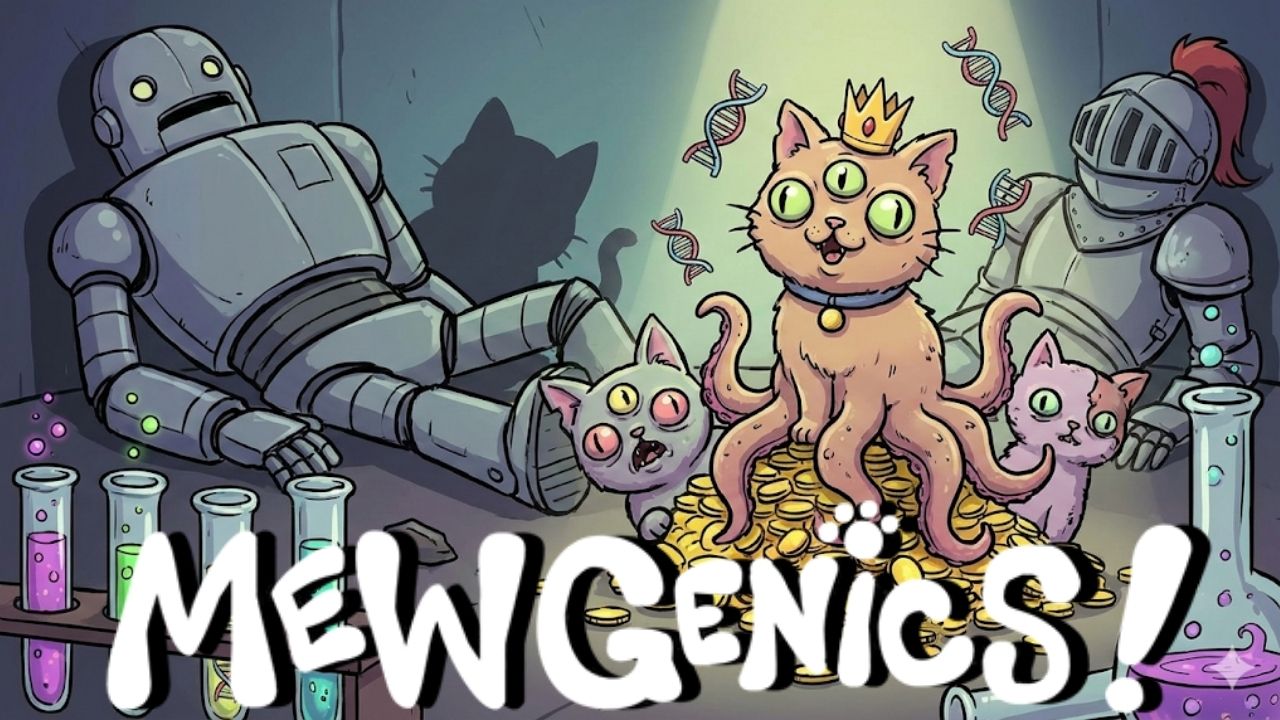 Ilustração vibrante em estilo cartoon destacando um gato mutante de três olhos e tentáculos usando uma coroa real, sentado triunfante sobre uma pilha de moedas de ouro. Ao fundo, um robô gigante e uma armadura medieval aparecem inativos e derrotados, simbolizando a vitória do jogo indie sobre grandes produções. Tubos de ensaio com líquidos coloridos em primeiro plano representam a mecânica de genética e estratégia de Mewgenics.