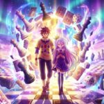 Dois personagens de anime caminhando lado a lado sobre um tabuleiro de xadrez gigante em um mundo de fantasia surreal. Ao redor deles, flutuam peças de xadrez gigantes, dados e cartas de baralho brilhantes, sob um céu mágico iluminado por uma aurora boreal e com ruínas de castelos ao fundo. Ilustração representativa do universo de jogos de No Game No Life.