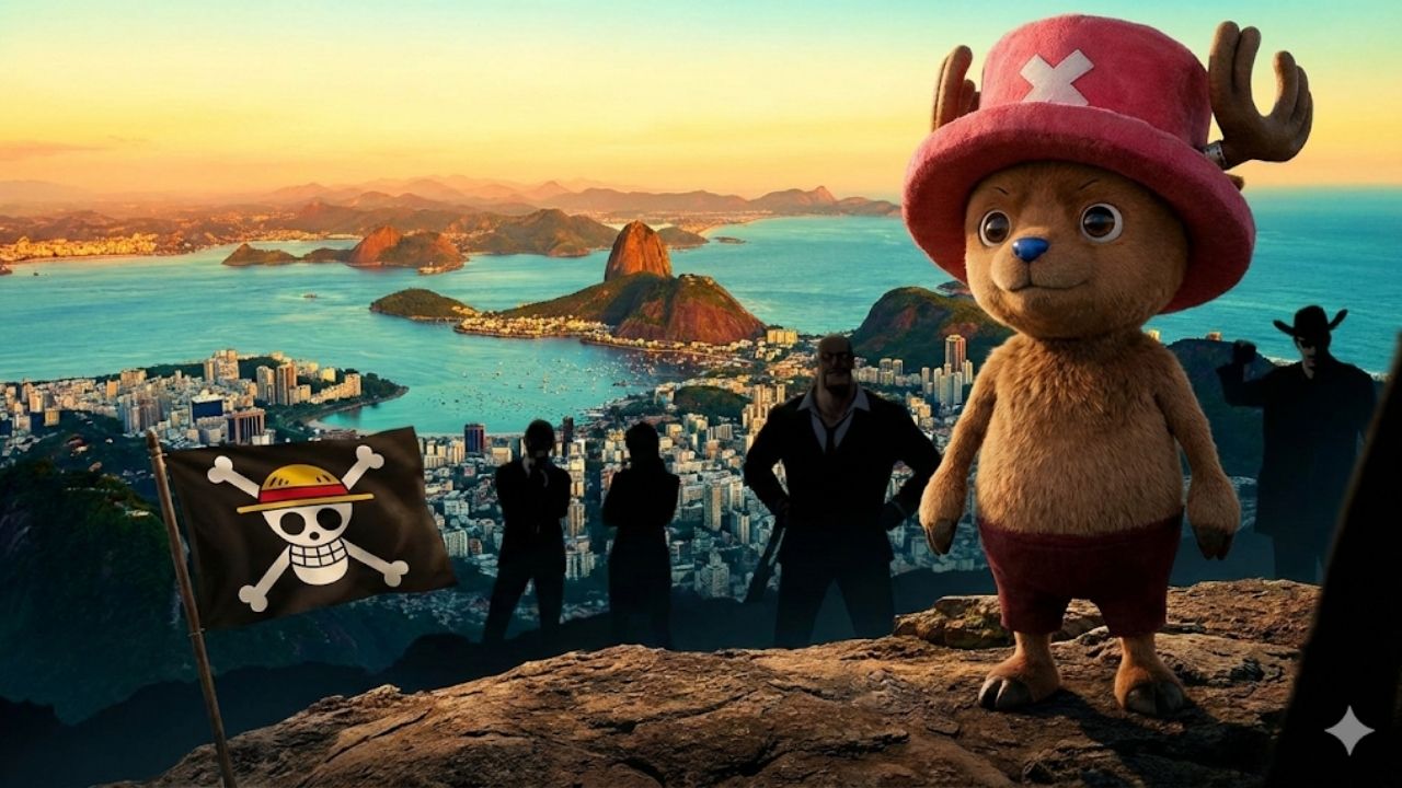 Ilustração realista do personagem Tony Tony Chopper em destaque, posicionado em um mirante rochoso ao lado da bandeira pirata dos Chapéus de Palha e silhuetas de vilões, tendo ao fundo a paisagem ensolarada do Rio de Janeiro com o Pão de Açúcar, simbolizando a chegada da tour mundial da série ao Brasil.