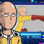 Ilustração digital do personagem Saitama, de One-Punch Man, com sua clássica expressão apática em primeiro plano. Ao fundo, uma interface de sistema corrompida com janelas de erro e falhas visuais (glitches) exibe uma cena de ação do herói travada, representando os problemas técnicos e a má qualidade da animação da terceira temporada do anime.