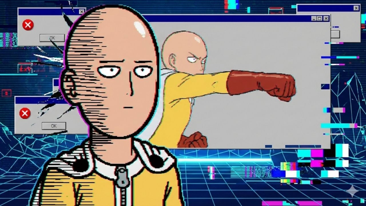 Ilustração digital do personagem Saitama, de One-Punch Man, com sua clássica expressão apática em primeiro plano. Ao fundo, uma interface de sistema corrompida com janelas de erro e falhas visuais (glitches) exibe uma cena de ação do herói travada, representando os problemas técnicos e a má qualidade da animação da terceira temporada do anime.