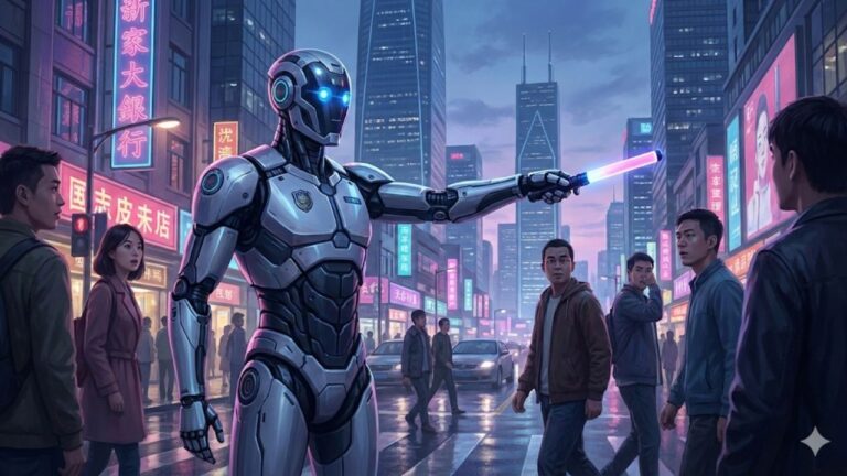 🤖 China Cria ROBOCOP Real Para Vigiar Cidades Robô humanoide policial com design futurista segurando um bastão luminoso em uma rua movimentada de uma cidade chinesa à noite, cercado por pedestres e letreiros neon, ilustrando a nova era da segurança pública com inteligência artificial.