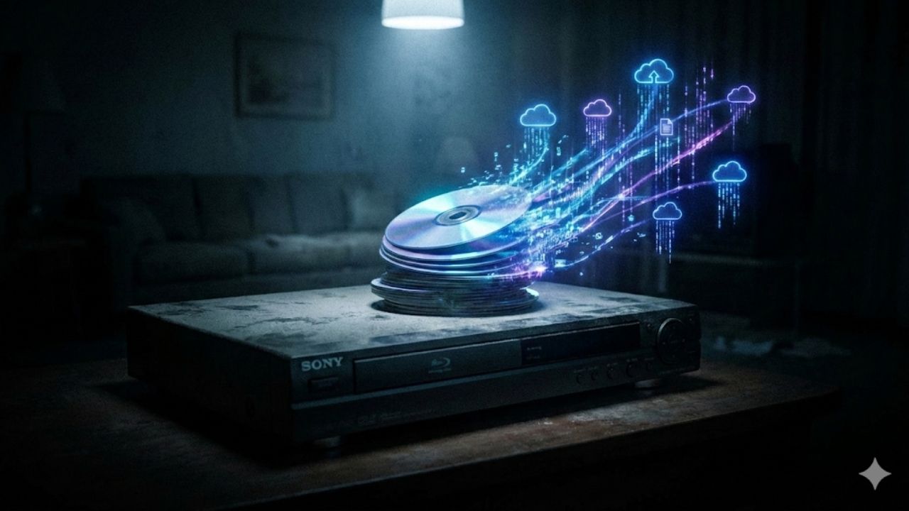 Gravador de Blu-ray Sony sobre uma mesa de madeira em ambiente escuro, com uma pilha de discos se desintegrando em feixes de luz digital e código binário em direção a ícones de nuvem, simbolizando a transição da mídia física para o streaming.