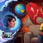 Ilustração dividida ao meio contrastando o avanço tecnológico do Xbox com a frustração dos jogadores. Do lado esquerdo, em tons de azul, um console Xbox Series X, o globo terrestre e uma mulher com feições integradas a circuitos digitais, representando a inteligência artificial e o Cloud Gaming. Do lado direito, em tons de vermelho e com um fundo rachado, um jovem frustrado vestindo a camisa amarela do Brasil segura um controle de videogame, acompanhado por uma grande etiqueta de preço vermelha com uma seta para cima e um monitor mostrando o recurso de resolução 1440p bloqueado.