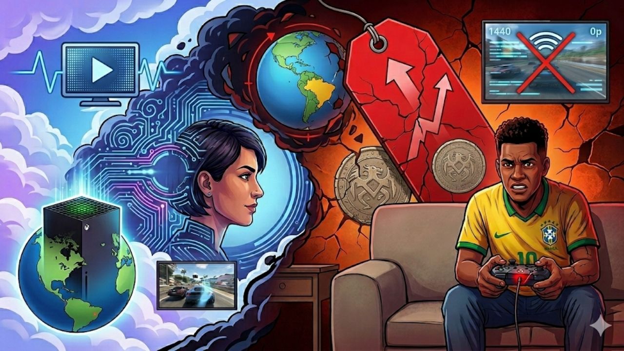 Ilustração dividida ao meio contrastando o avanço tecnológico do Xbox com a frustração dos jogadores. Do lado esquerdo, em tons de azul, um console Xbox Series X, o globo terrestre e uma mulher com feições integradas a circuitos digitais, representando a inteligência artificial e o Cloud Gaming. Do lado direito, em tons de vermelho e com um fundo rachado, um jovem frustrado vestindo a camisa amarela do Brasil segura um controle de videogame, acompanhado por uma grande etiqueta de preço vermelha com uma seta para cima e um monitor mostrando o recurso de resolução 1440p bloqueado.