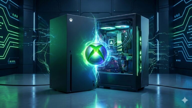 Uma imagem conceitual futurista mostrando a fusão de um console Xbox Series X e um PC gamer de alto desempenho. À esquerda, o console preto vertical; à direita, um gabinete de PC aberto revelando componentes internos iluminados com luz verde, como placa-mãe, GPU e sistema de resfriamento. No centro, o logo esférico do Xbox pulsa com luz verde e azul, conectado por tentáculos de energia elétrica que unem as duas metades. O dispositivo está sobre uma superfície reflexiva em um ambiente de laboratório de alta tecnologia com padrões de circuito em néon verde nas paredes.
