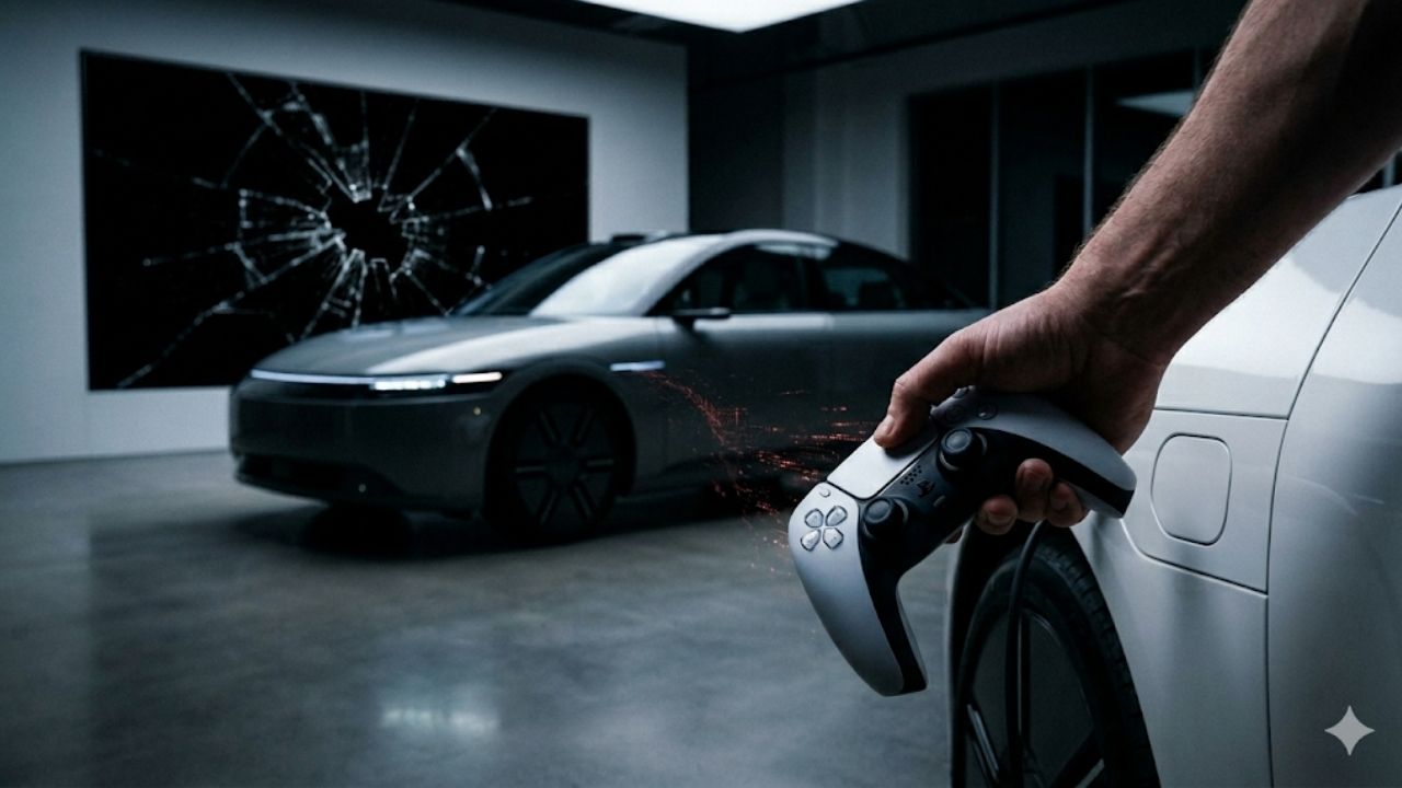 Em primeiro plano, Ă direita, uma mĂŁo humana segura um controle de videogame PlayStation DualSense. PartĂculas de luz vermelha emanam do controle e viajam em direção a um sedan elĂ©trico prateado e moderno estacionado em uma sala de exposição escura. No fundo, uma grande tela na parede preta exibe um padrĂŁo de vidro rachado e fragmentado ao redor de um centro. A porta de carregamento do carro estĂĄ aberta.