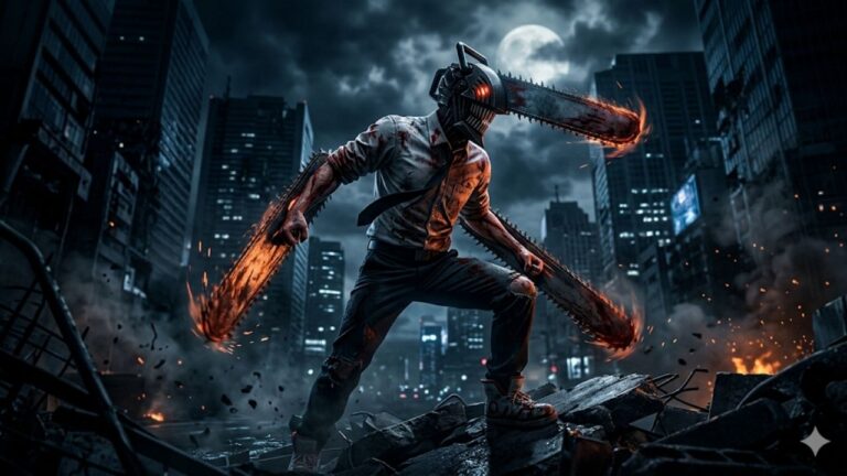 Uma imagem cinematográfica e sombria em close do Chainsaw Man (Denji) em pé, em pose imponente e desafiadora sobre escombros de concreto e metal retorcido em uma rua de cidade à noite. O personagem está totalmente transformado, com sua cabeça de serra elétrica preta e vermelha visível, as serras elétricas nos braços levantadas e em movimento, gerando faíscas e rastro de luz. Ele veste o uniforme preto Public Safety Devil Hunter levemente rasgado e ensanguentado. O fundo é uma paisagem urbana noturna em tons de azul escuro e cinza, com prédios de escritórios em ruínas e borrados, sob um céu nublado com a lua cheia espreitando. O tom é tenso, corajoso e melancólico.