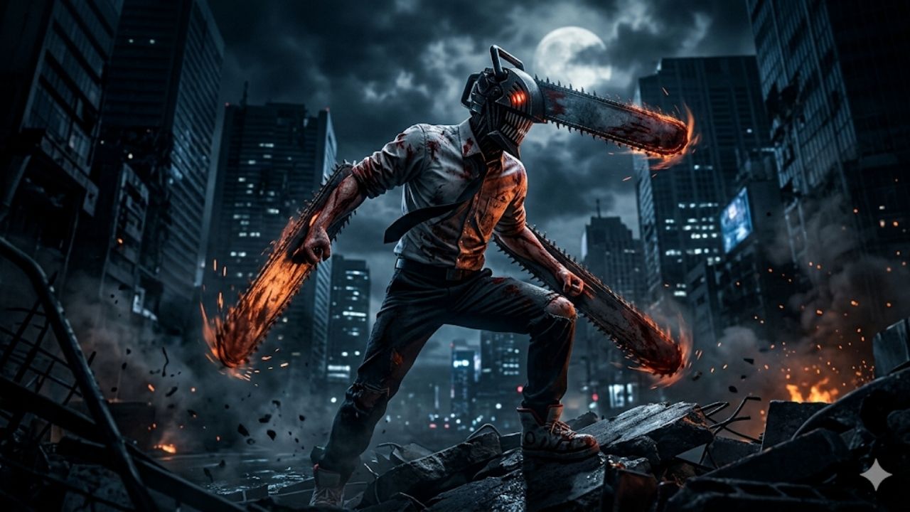 Uma imagem cinematográfica e sombria em close do Chainsaw Man (Denji) em pé, em pose imponente e desafiadora sobre escombros de concreto e metal retorcido em uma rua de cidade à noite. O personagem está totalmente transformado, com sua cabeça de serra elétrica preta e vermelha visível, as serras elétricas nos braços levantadas e em movimento, gerando faíscas e rastro de luz. Ele veste o uniforme preto Public Safety Devil Hunter levemente rasgado e ensanguentado. O fundo é uma paisagem urbana noturna em tons de azul escuro e cinza, com prédios de escritórios em ruínas e borrados, sob um céu nublado com a lua cheia espreitando. O tom é tenso, corajoso e melancólico.