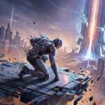 Ilustração dramática de um soldado futurista ajoelhado em uma plataforma digital que se desintegra em partículas, com uma cidade e uma torre de energia ruindo ao fundo, simbolizando o colapso rápido e o encerramento do jogo Highguard.