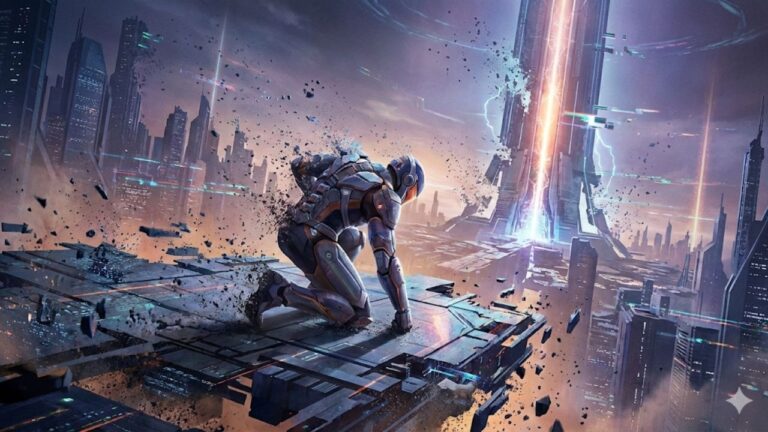 💀 Highguard: O Jogo Que Não Durou 2 MESES, Apenas 45 Dias! Ilustração dramática de um soldado futurista ajoelhado em uma plataforma digital que se desintegra em partículas, com uma cidade e uma torre de energia ruindo ao fundo, simbolizando o colapso rápido e o encerramento do jogo Highguard.