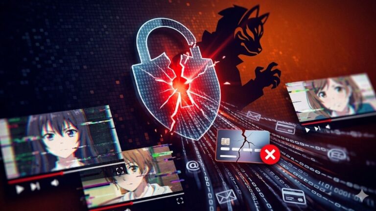 Ilustração digital dinâmica de um grande cadeado digital central quebrado, rachado e brilhando em vermelho, sobre um fundo de código binário fluindo. Dados sensíveis, como cartões de crédito quebrados com 'X's vermelhos e arrobas, vazam do cadeado em direção ao primeiro plano. Uma sombra ameaçadora de um hacker encapuzado está atrás do cadeado. Telas de streaming de anime com personagens femininas e efeitos de falha (glitch) cercam a cena. Atmosfera de perigo digital e vazamento de dados de usuários de plataforma de anime.