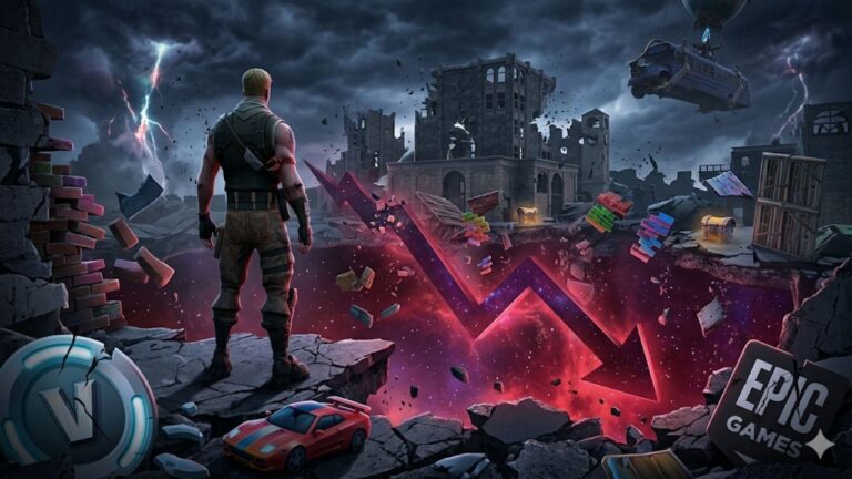 🚨 EPIC GAMES Em Crise: Fortnite Em Queda E Mais de Mil Demissões A dramatic photo-illustration from a behind-the-viewpoint perspective, showing a male character skin in tactical gear standing on the edge of a jagged cliff, looking over a decaying, ruined post-apocalyptic cityscape with crumbling buildings. A massive, deep, glowing purple and red cosmic crack splits the landscape, representing a dramatic collapse. Debris, a wrecked Battle Bus, a red sports car, and a damaged coin with a 'W' symbol are scattered in the foreground rubble under a dark, turbulent sky.