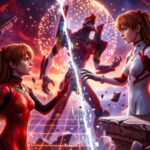 Ilustração dramática e vibrante das duas versões de Asuka Langley, Soryu (clássica) e Shikinami (Rebuild), de Neon Genesis Evangelion, se encontrando através de uma fenda brilhante de luz e dados. Soryu está à esquerda em seu plugsuit clássico vermelho, e Shikinami à direita no plugsuit de Rebuild, estendendo as mãos quase se tocando. O fundo é um teatro caótico e futurista quebrado com linhas de grade digitais, destroços e a silhueta rugindo da Unidade-02 ao longe, cercada por padrões celestiais de aniversário sem texto. A iluminação é de alto contraste em tons de vermelho, azul e laranja.