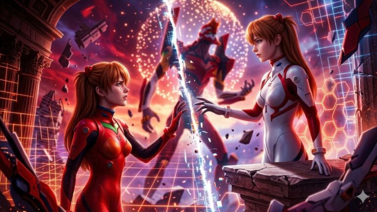 Ilustração dramática e vibrante das duas versões de Asuka Langley, Soryu (clássica) e Shikinami (Rebuild), de Neon Genesis Evangelion, se encontrando através de uma fenda brilhante de luz e dados. Soryu está à esquerda em seu plugsuit clássico vermelho, e Shikinami à direita no plugsuit de Rebuild, estendendo as mãos quase se tocando. O fundo é um teatro caótico e futurista quebrado com linhas de grade digitais, destroços e a silhueta rugindo da Unidade-02 ao longe, cercada por padrões celestiais de aniversário sem texto. A iluminação é de alto contraste em tons de vermelho, azul e laranja.