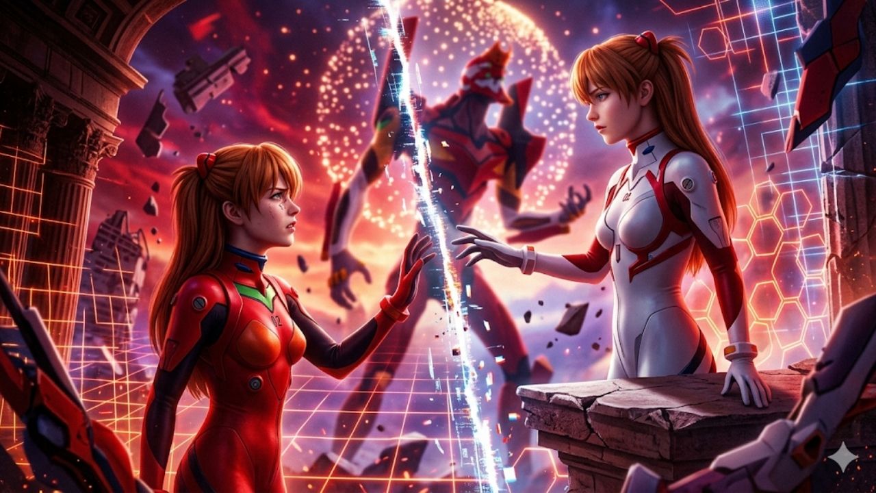 Ilustração dramática e vibrante das duas versões de Asuka Langley, Soryu (clássica) e Shikinami (Rebuild), de Neon Genesis Evangelion, se encontrando através de uma fenda brilhante de luz e dados. Soryu está à esquerda em seu plugsuit clássico vermelho, e Shikinami à direita no plugsuit de Rebuild, estendendo as mãos quase se tocando. O fundo é um teatro caótico e futurista quebrado com linhas de grade digitais, destroços e a silhueta rugindo da Unidade-02 ao longe, cercada por padrões celestiais de aniversário sem texto. A iluminação é de alto contraste em tons de vermelho, azul e laranja.