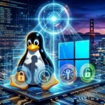 Ilustração digital futurista mostrando o pinguim mascote do Linux e o logotipo do Windows lado a lado sobre uma placa de circuito iluminada. Ao redor deles, flutuam ícones holográficos de cadeados e painéis com linhas de código de programação, simbolizando bloqueio e segurança cibernética. Ao fundo, a paisagem noturna de uma cidade com uma ponte suspensa, remetendo ao estado da Califórnia. A imagem não contém textos.